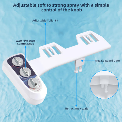 Compact mechanical bidet that fits without replacing the toilet.