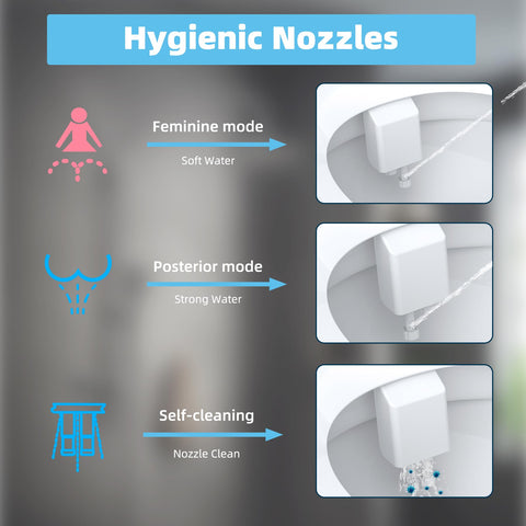 Hibbent bidet dual self-cleaning nozzles promote hygienic cleaning after every use.