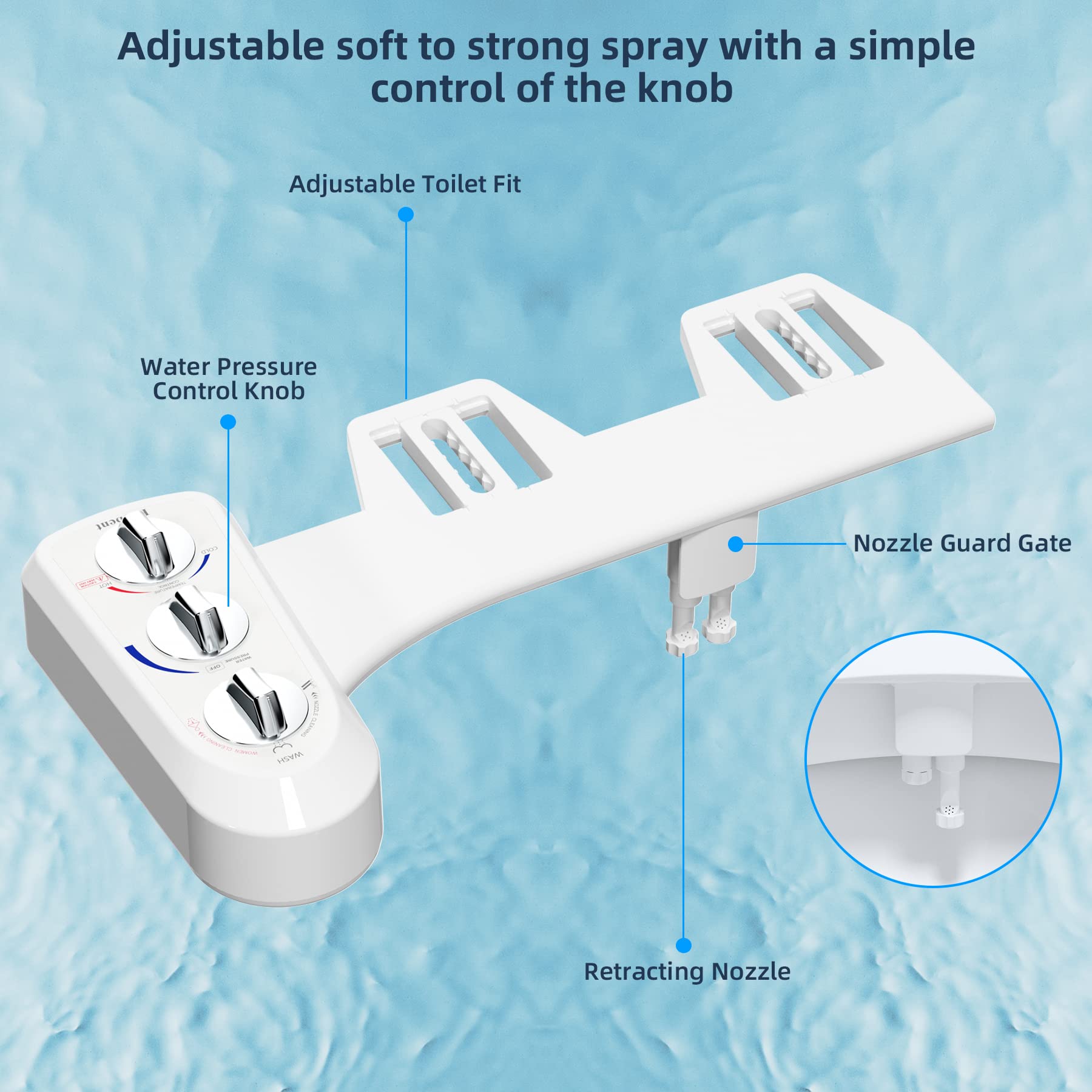 Hibbent bidet attachment hot and cold water flow offers customizable cleansing options.