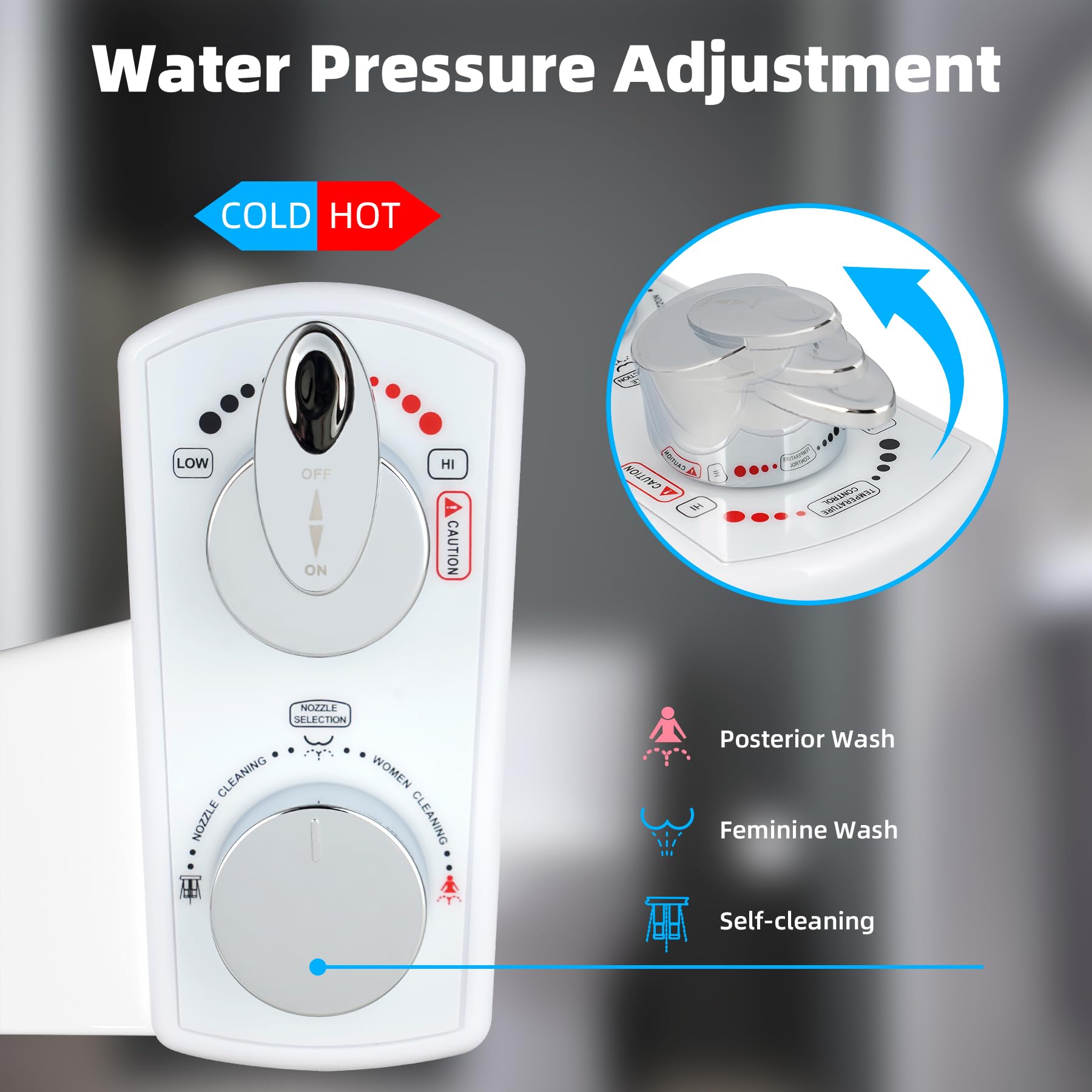 Hibbent bidet features precise water pressure and temperature adjustment for comfort.