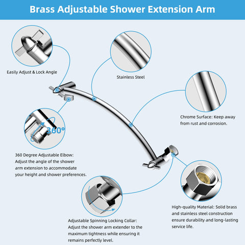 Hibbent brass-lock-joints arm highlights secure connections for stable rainfall heads.