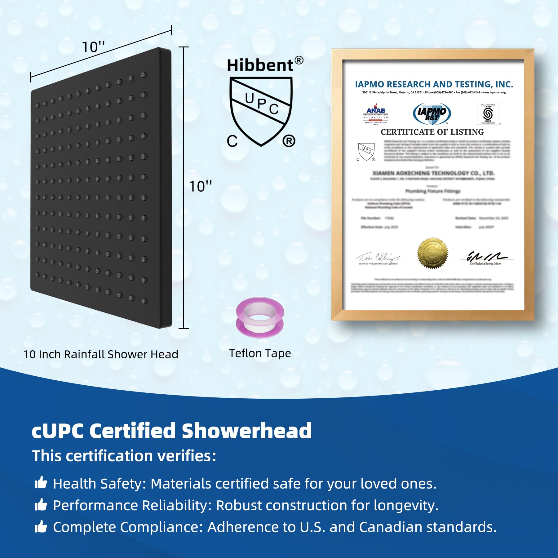 Hibbent cUPC-certified shower head for reliable performance under varying pressure.