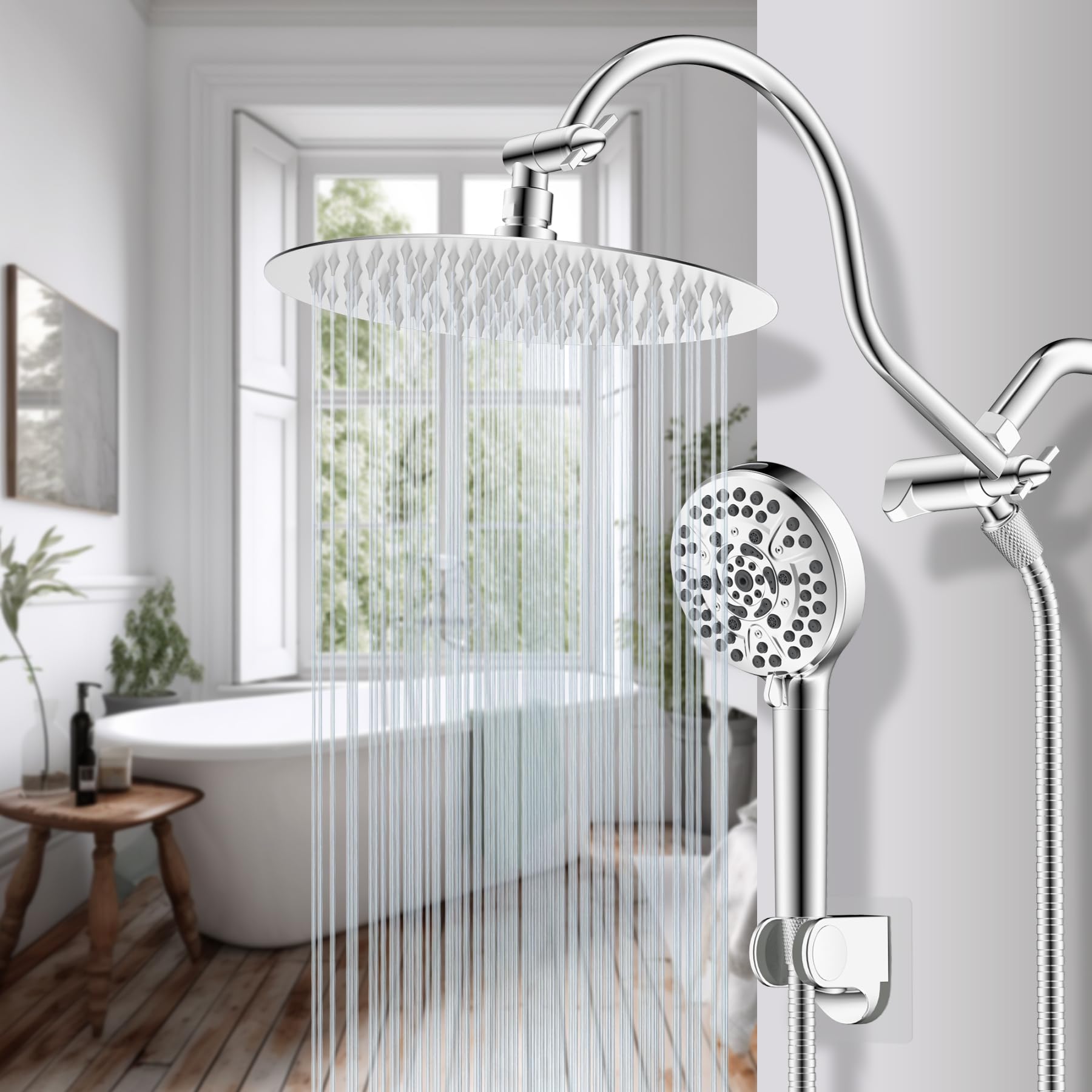 Hibbent chrome shower head combo adds a sleek, spa-like look.