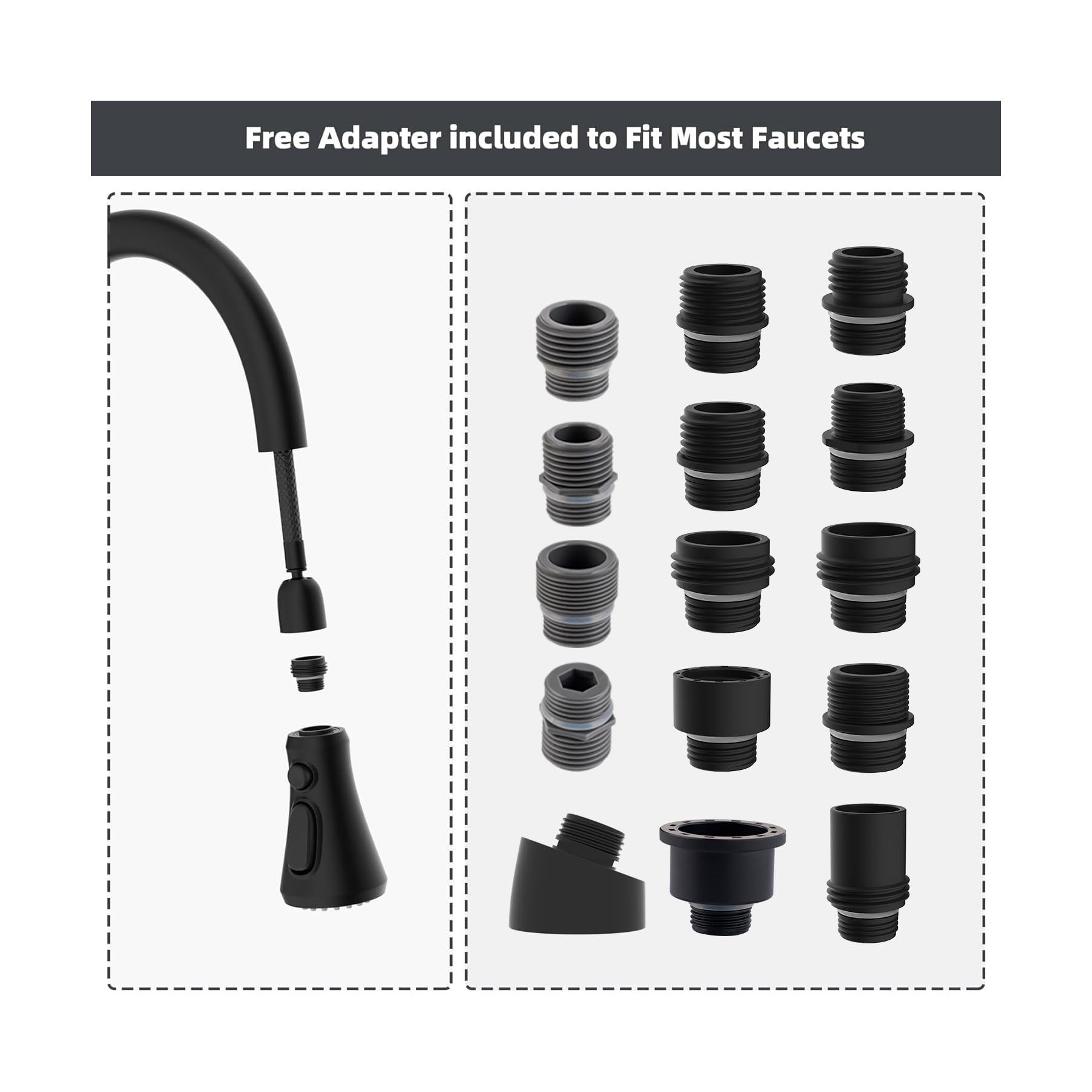 Hibbent 15-adapter kit fits Moen, Delta, Kohler, and more.