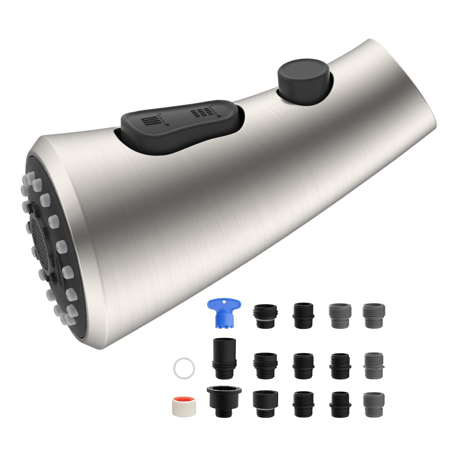Hibbent curved pull-down head assembly guiding water downward for splash reduction.