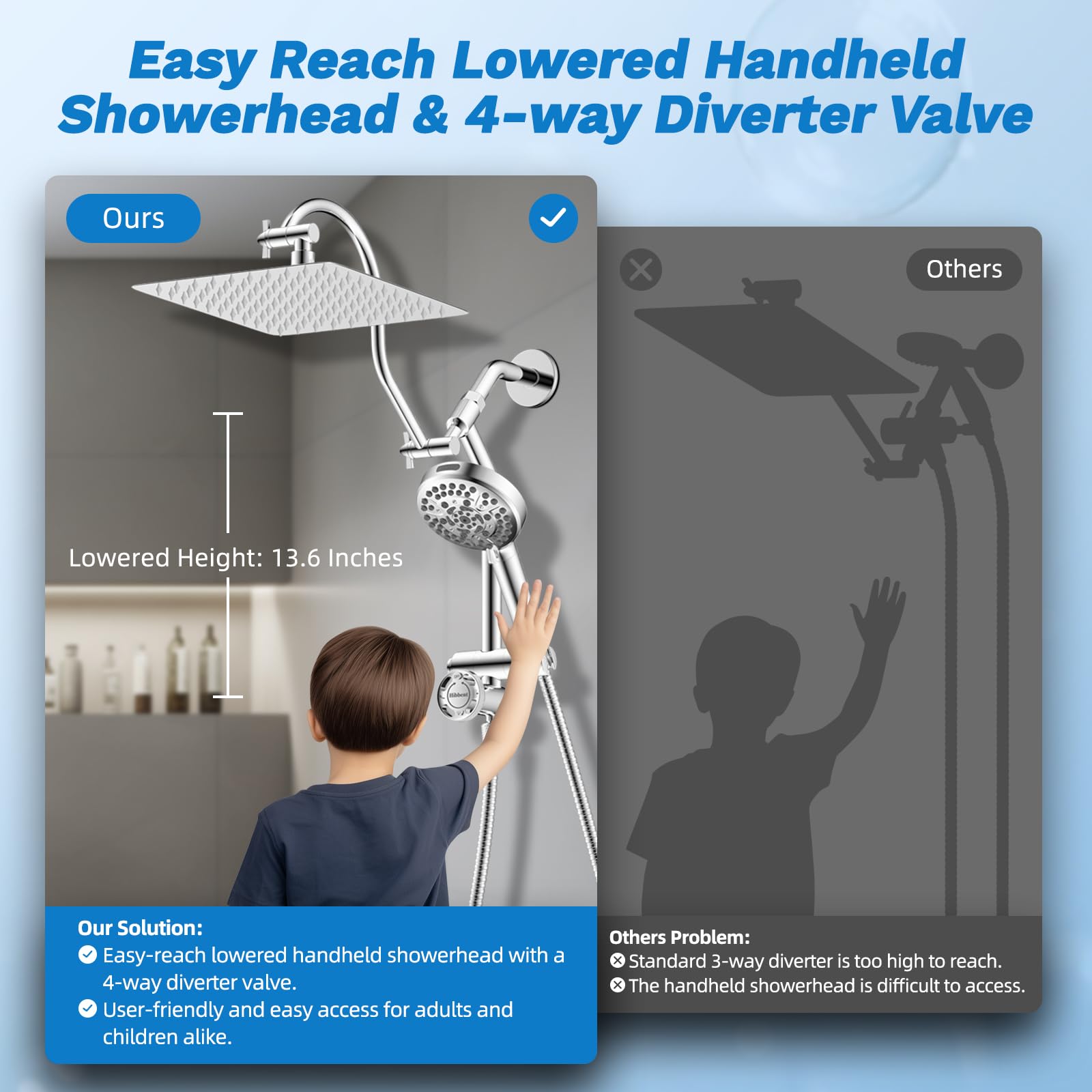 Hibbent curved shower arm extension raises head height while keeping spray level.