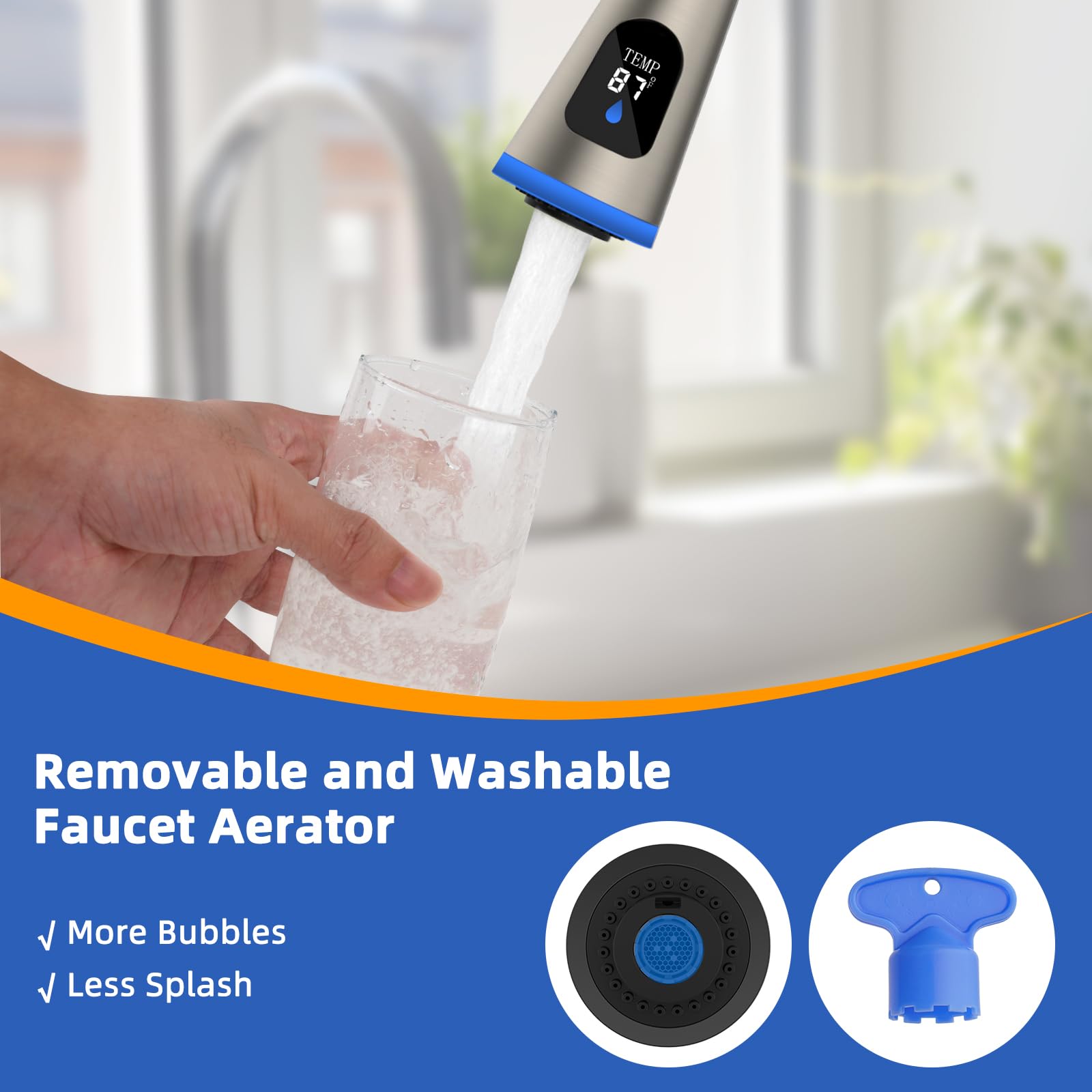 Hibbent detachable aerator allows quick cleaning and reduces splashing during use.