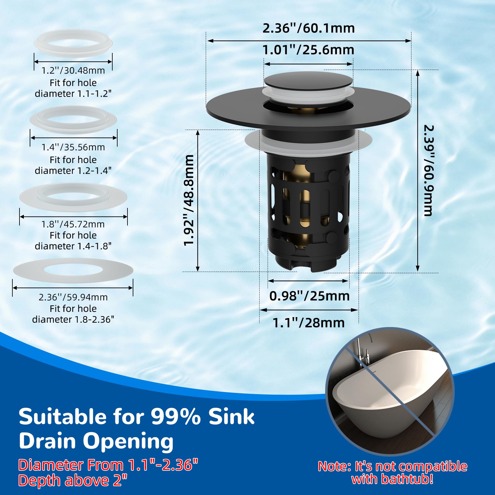 Hibbent drain compatibility covers 1.1 to 2.36 inches for many basins.