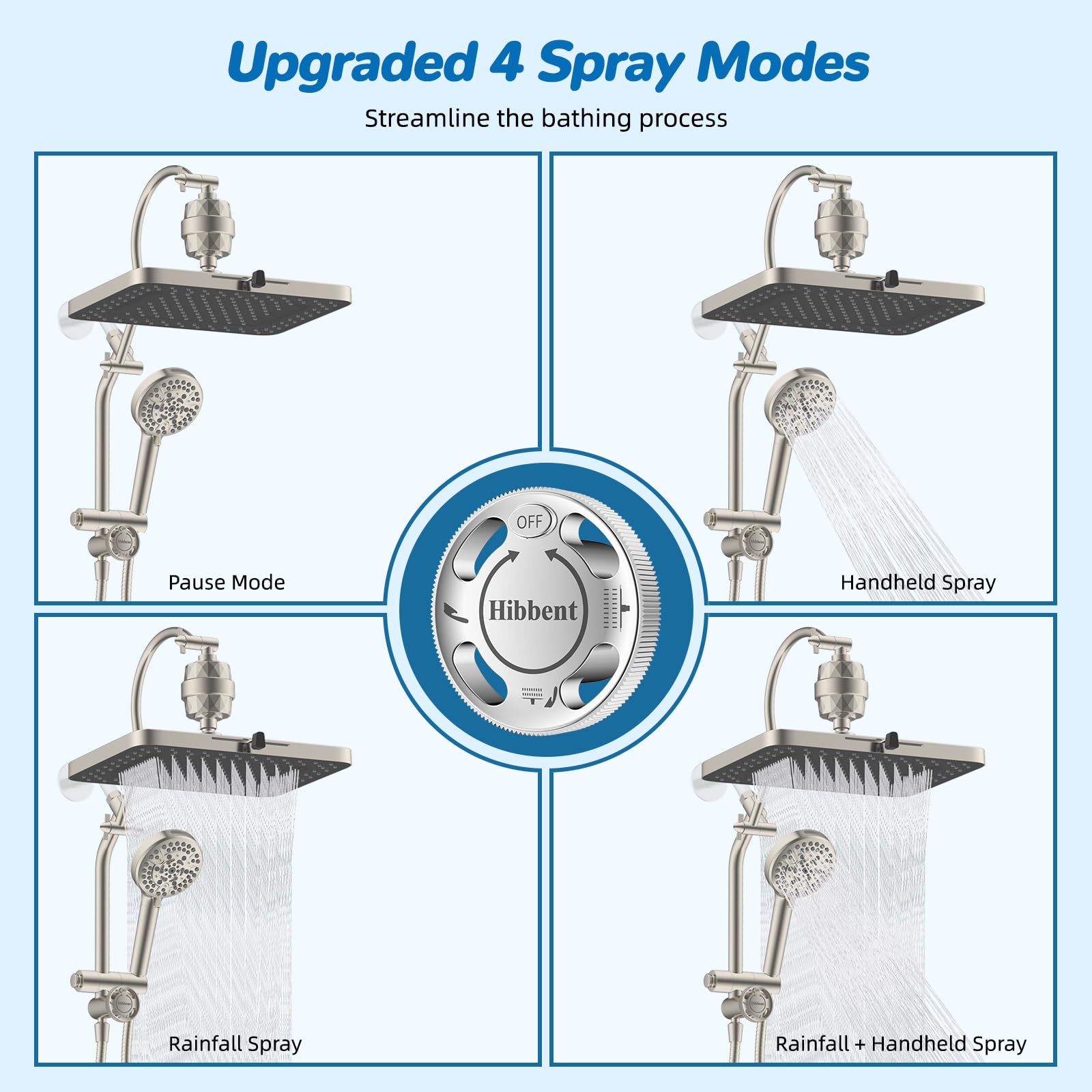 Hibbent easy reach 4-way diverter arm enables flexible shower setup