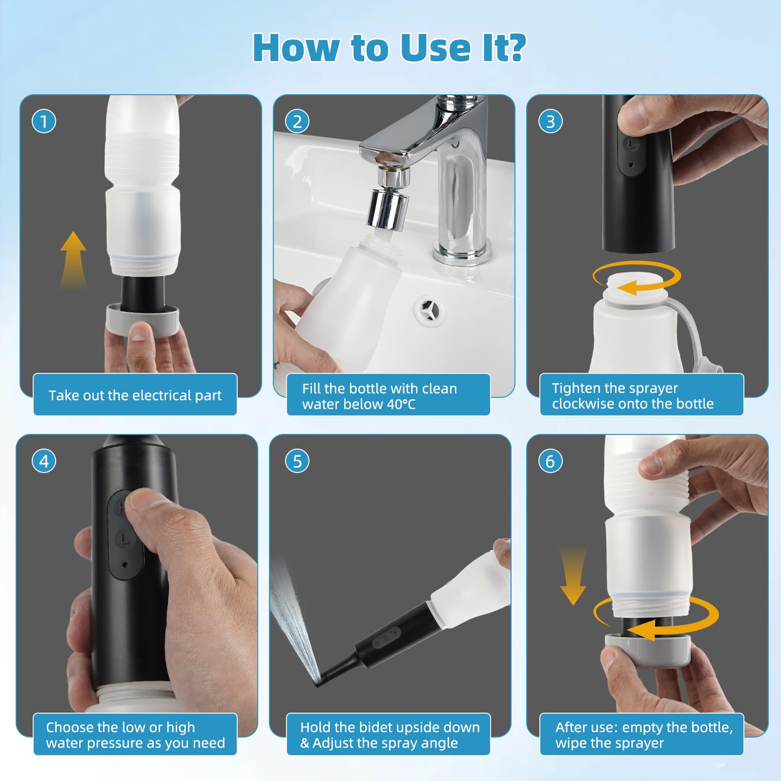 Hibbent handheld bidet with one-button control and angle tilt