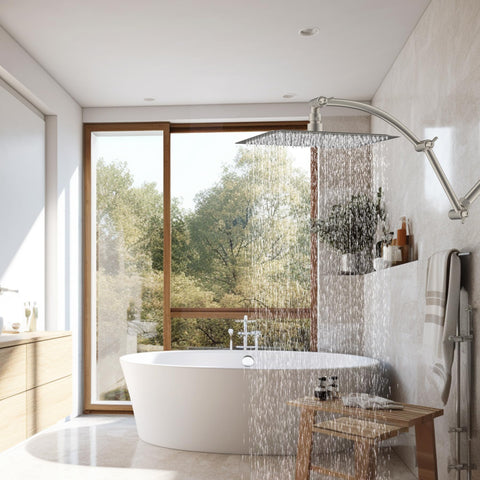 Hibbent extension arm works with rainfall shower heads for even distribution.