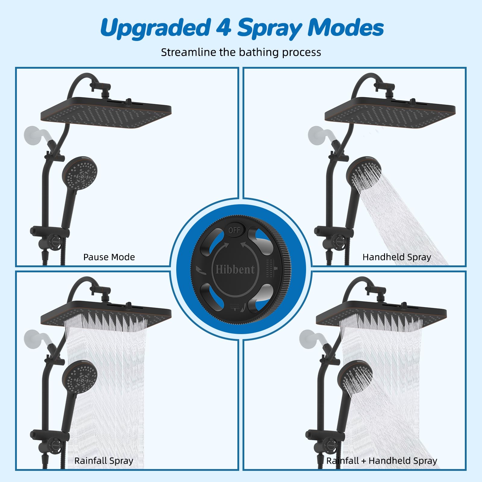 Hibbent four-way diverter arm with pause mode for flexible showering