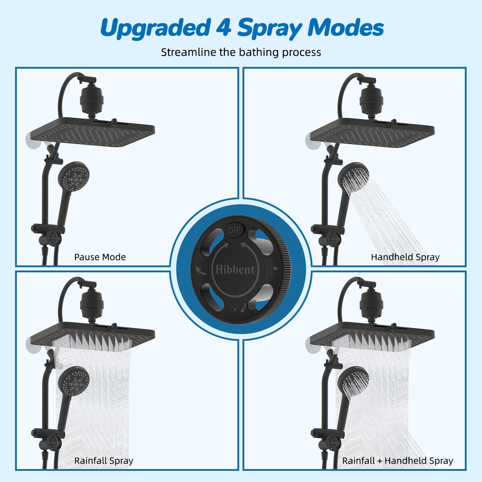 Hibbent four-way diverter arm for Handheld, Rainfall, and Pause modes