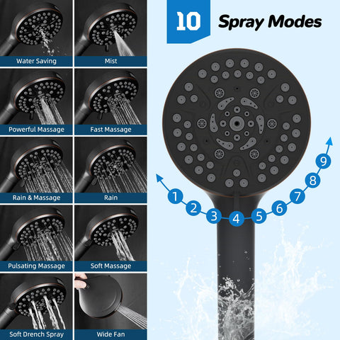 Hibbent handheld shower head with 10 spray patterns for versatile rinsing