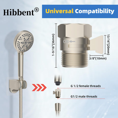 Hibbent valve installed between shower arm and hose for retrofit convenience