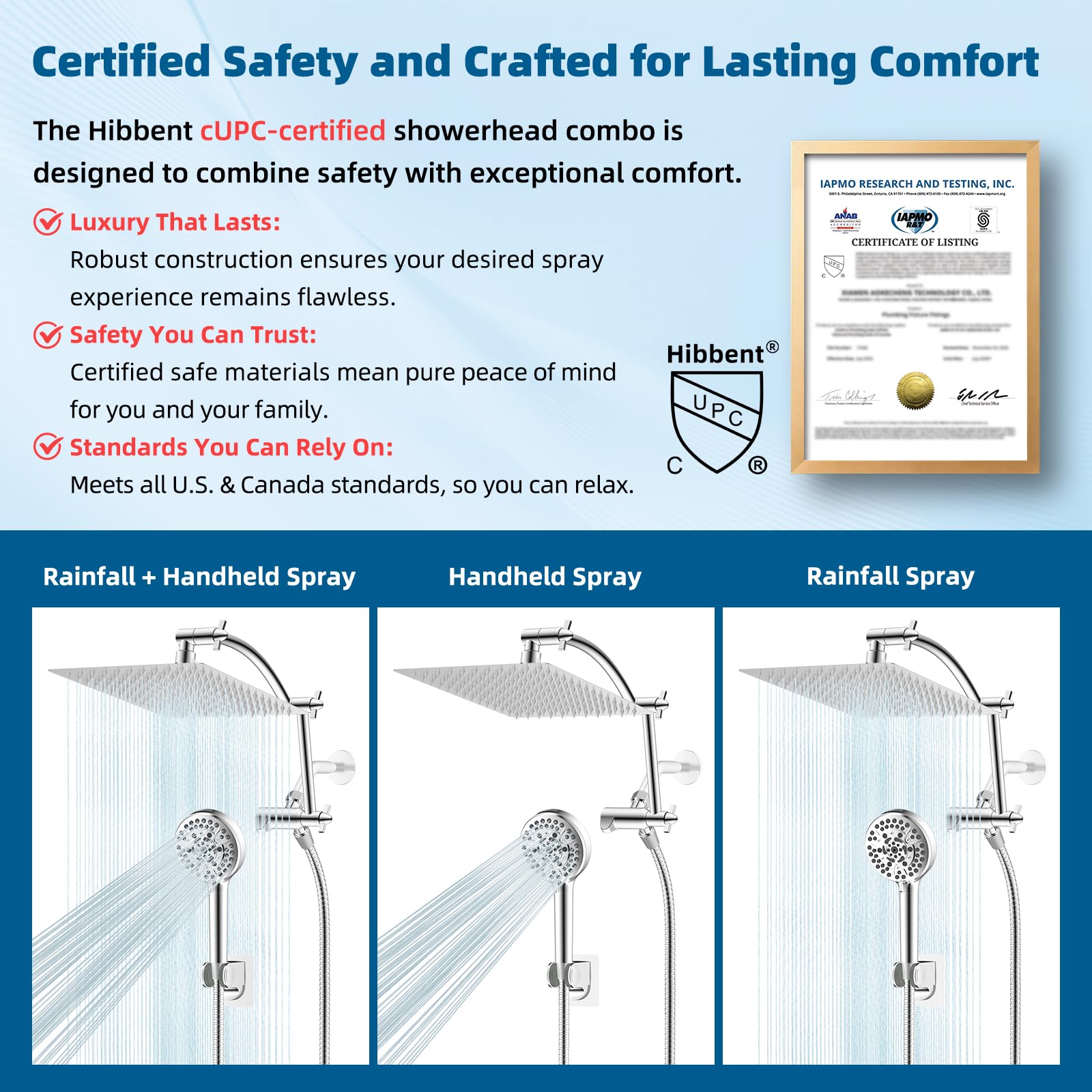 Hibbent integrated 3-way diverter valve for flexible showering options.