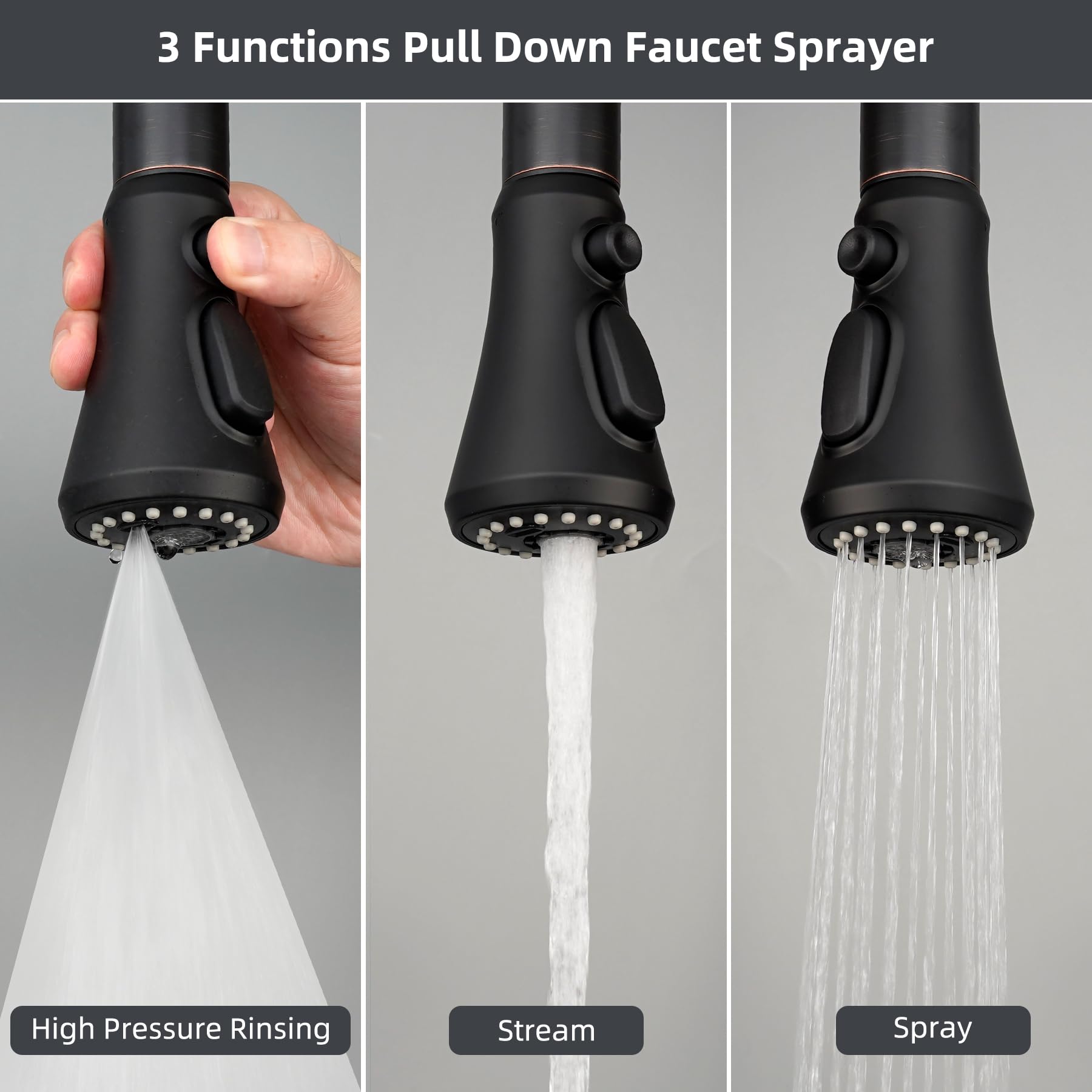 Hibbent 3-function mode for stream, spray, and high-pressure rinse.