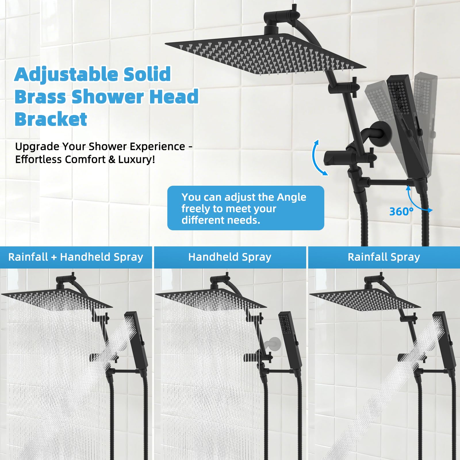 Hibbent metal bracket and shower head designed for durability.
