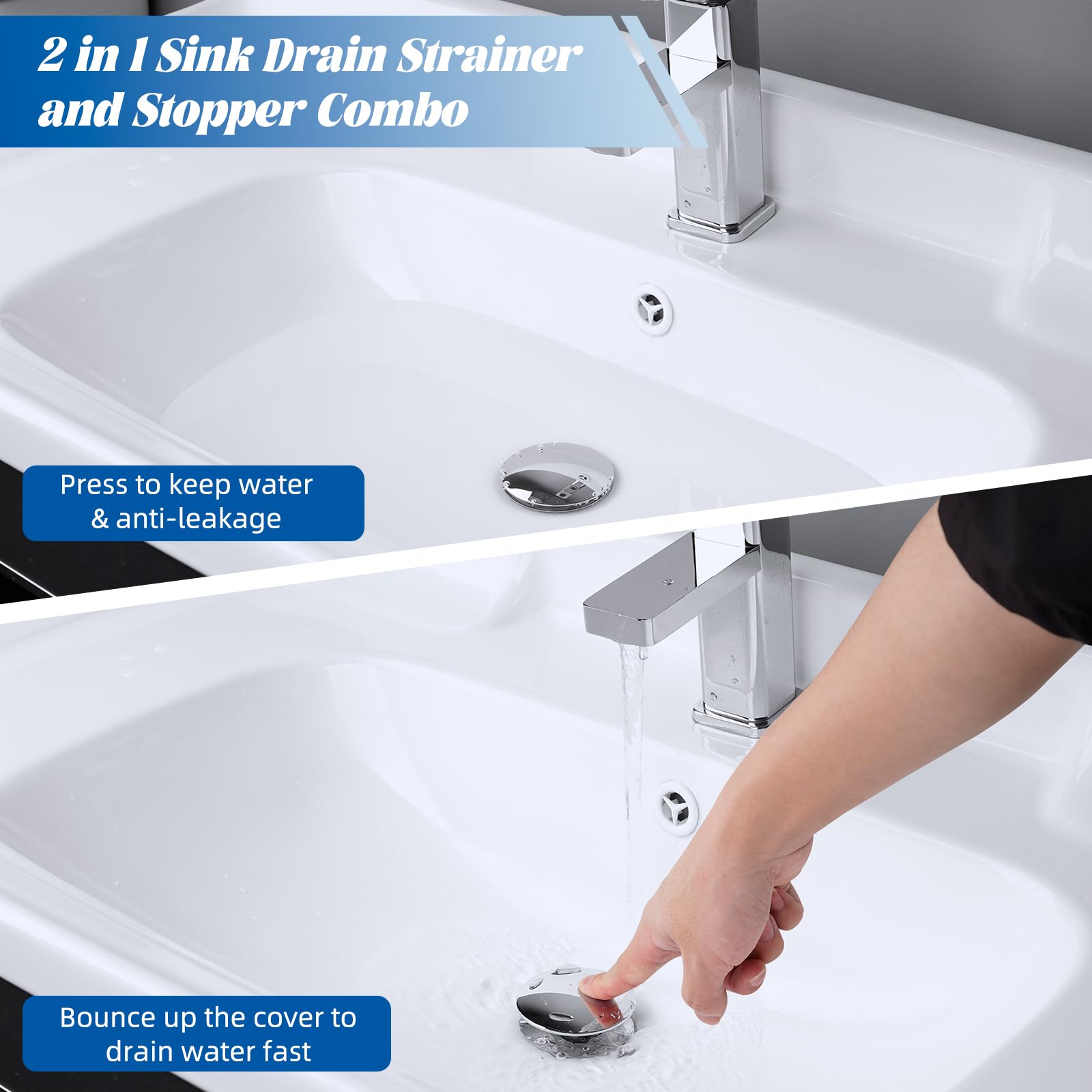 Hibbent pop-up sink drain assembly demonstrates easy install in seconds.
