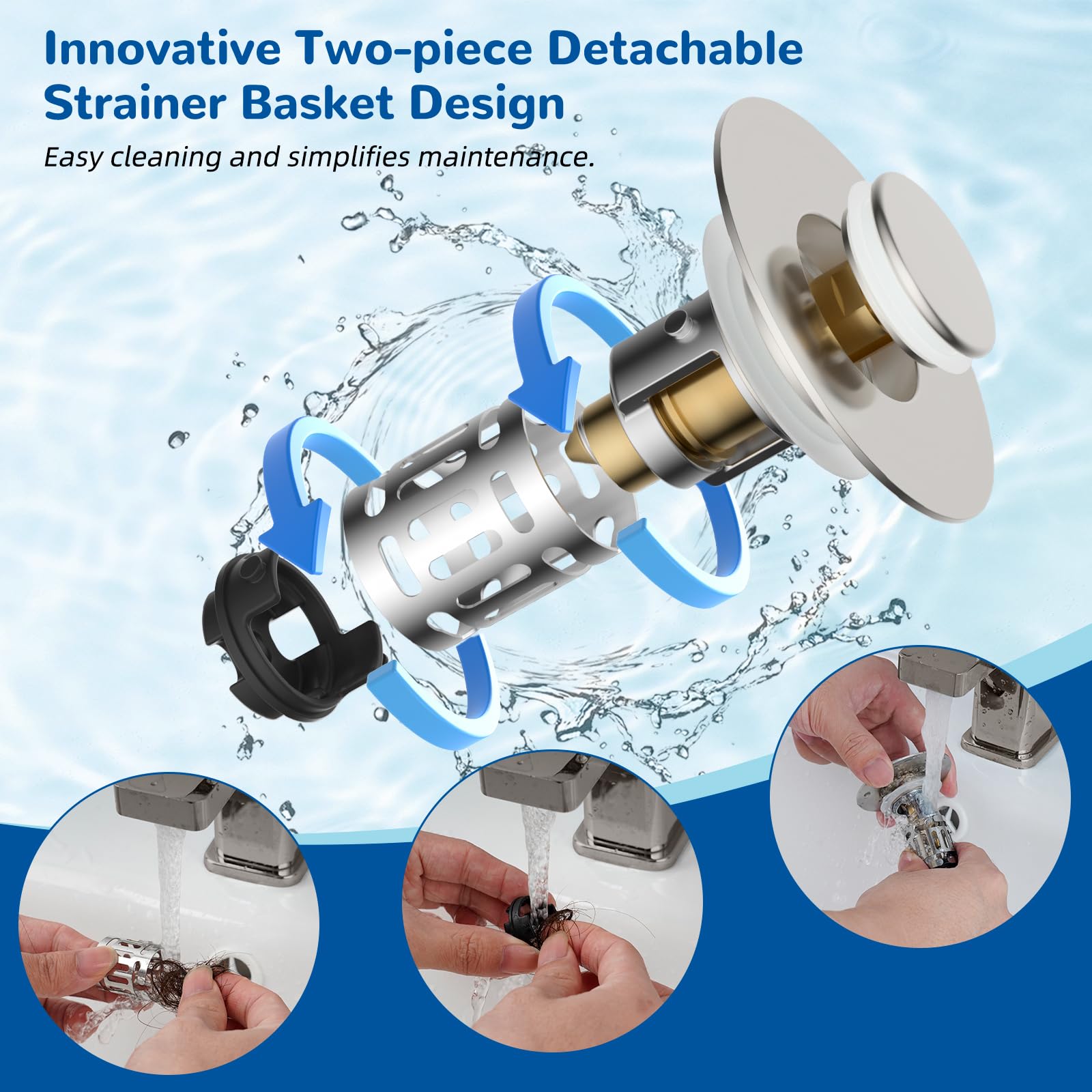 Hibbent brushed nickel pop-up stopper for seamless storage and fast drainage.