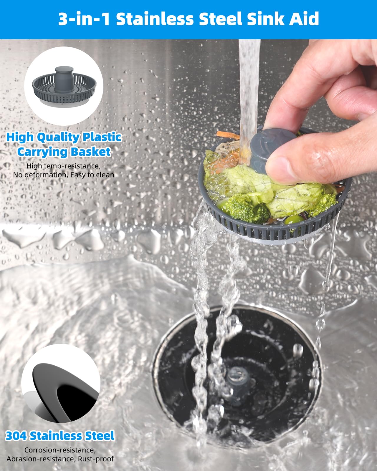 Hibbent pop-up stopper in action, easy to switch between storage and drainage in a busy kitchen