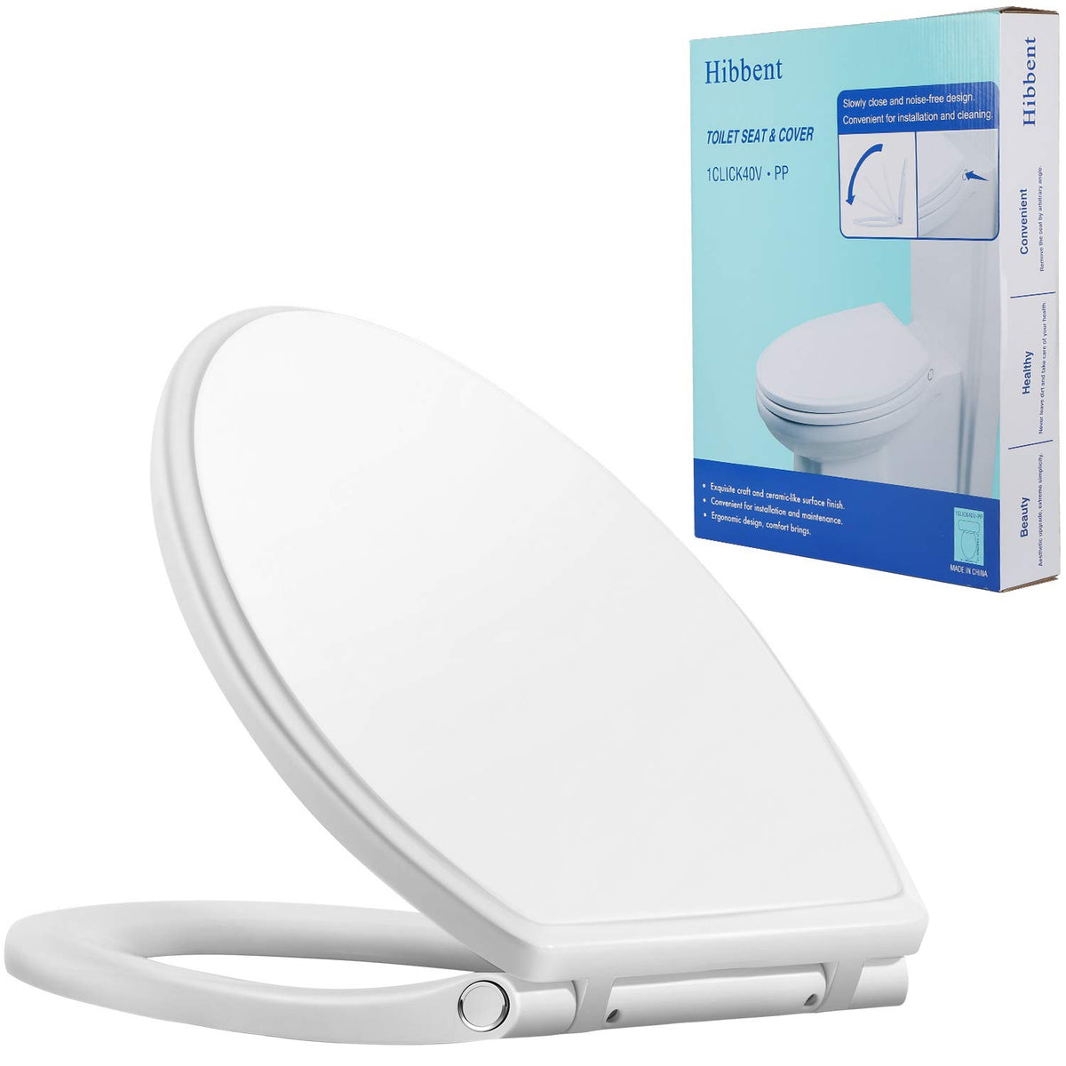 Hibbent premium elongated seat and lid offer stable comfort with quiet close.