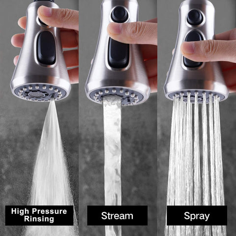 Hibbent spray head with 3-function modes offers versatile rinsing for quick cleanup.