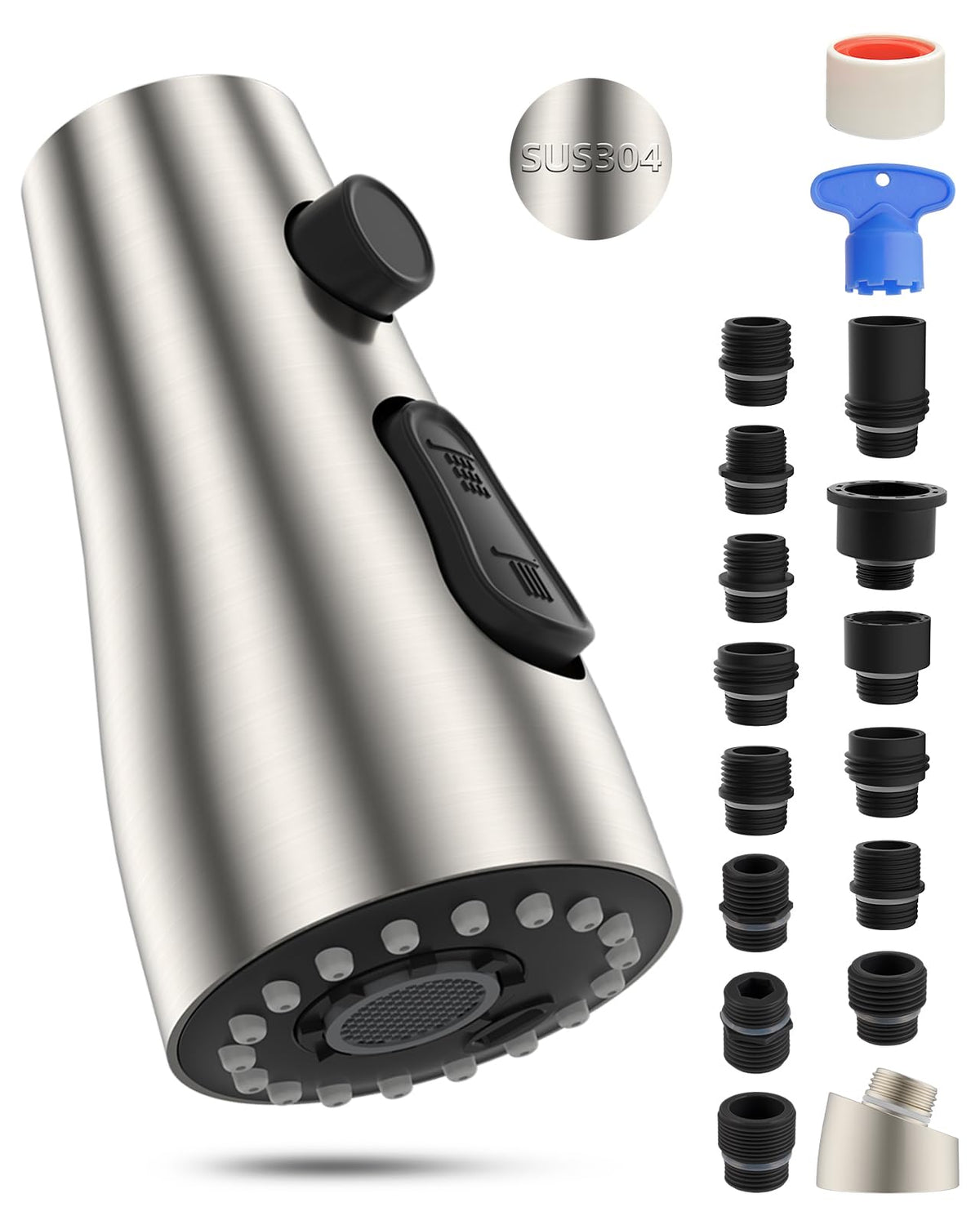 Hibbent pull-down spray head close-up showcases durable stainless steel body for everyday kitchen use.