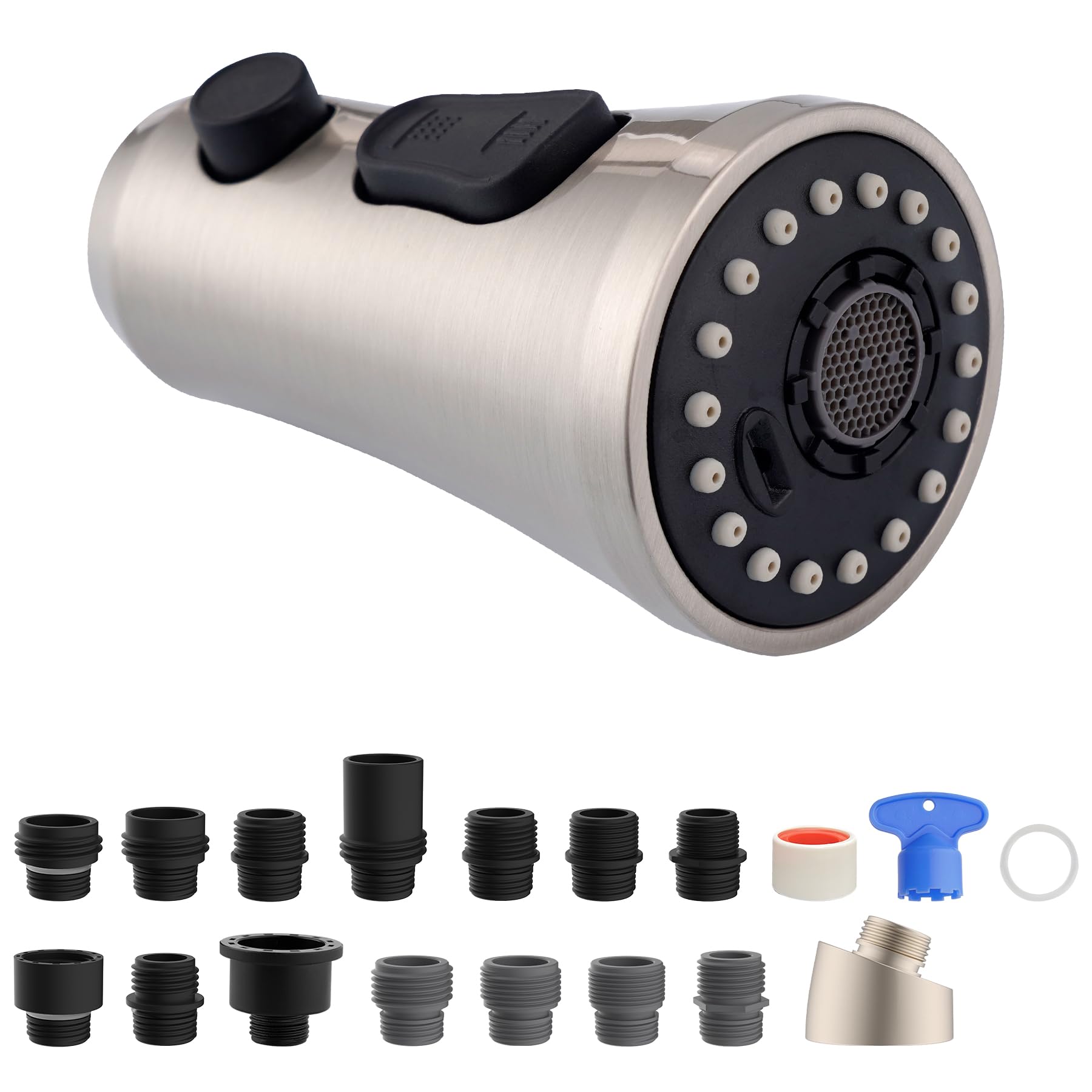Hibbent pull-down spray head in brushed nickel for easy faucet upgrades.