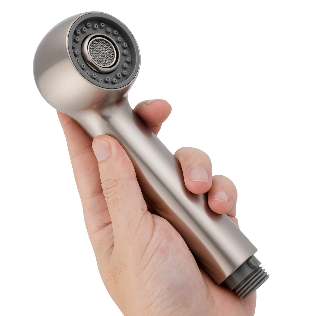Hibbent pull-out sprayer head in brushed nickel closeup for durable kitchen use.
