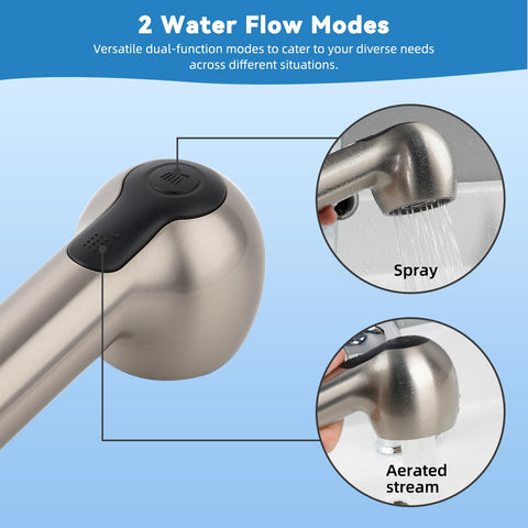 Hibbent pull-out sprayer head shows two modes for versatile cleaning.