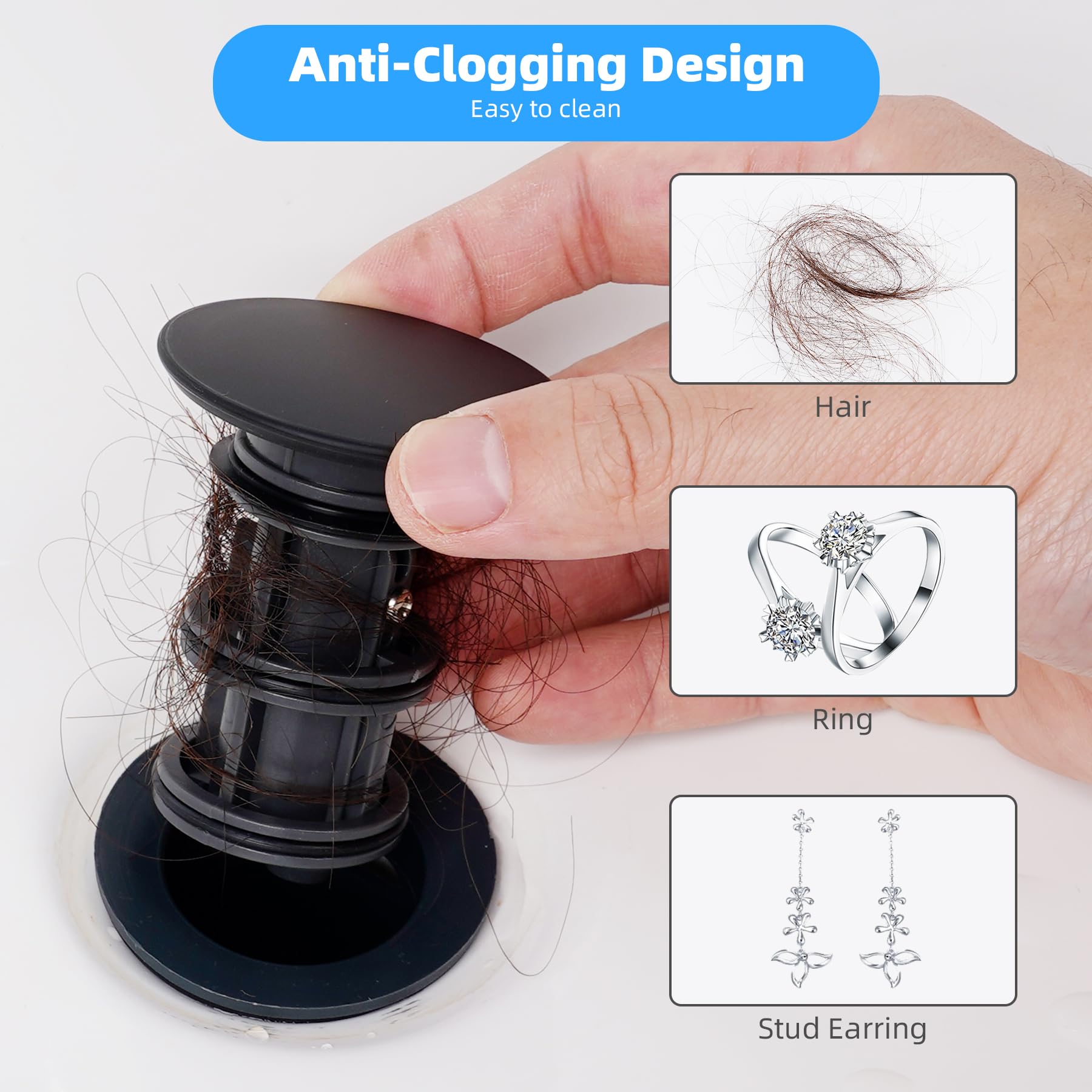 Hibbent removable strainer basket captures hair