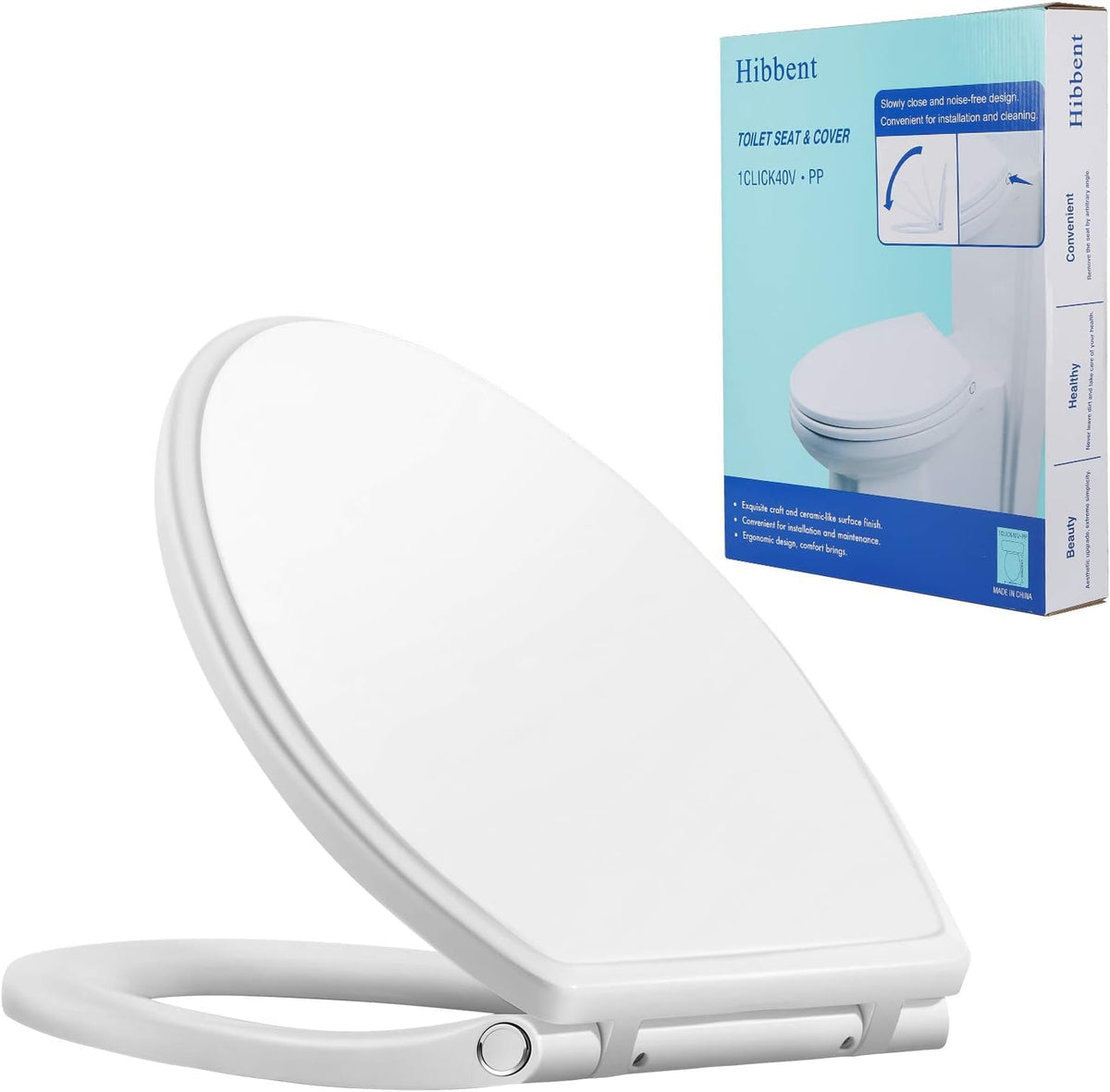 Hibbent round toilet seat with quiet close for peaceful bathrooms.