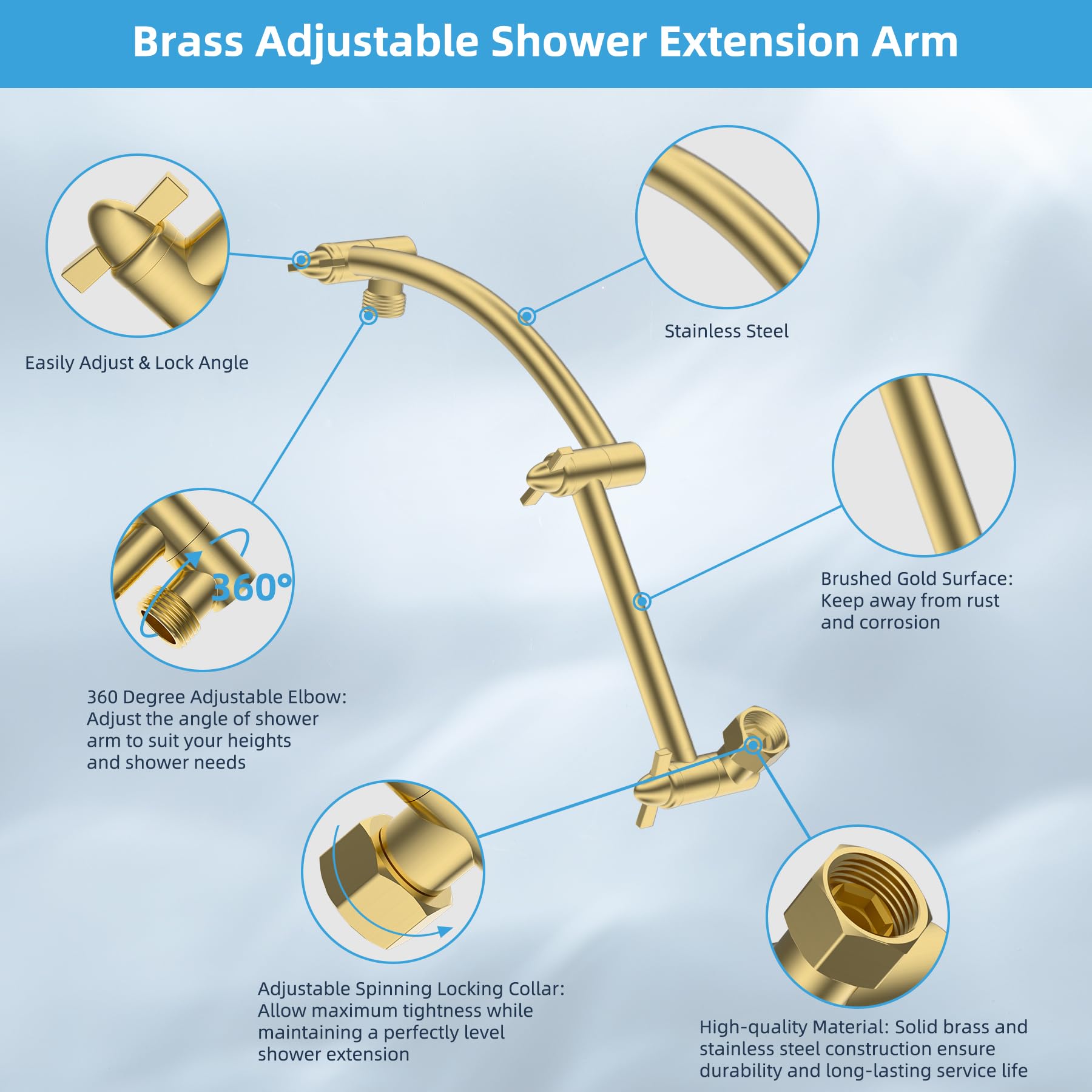 hibbent 16-inch arc shower arm extends height and angle smoothly