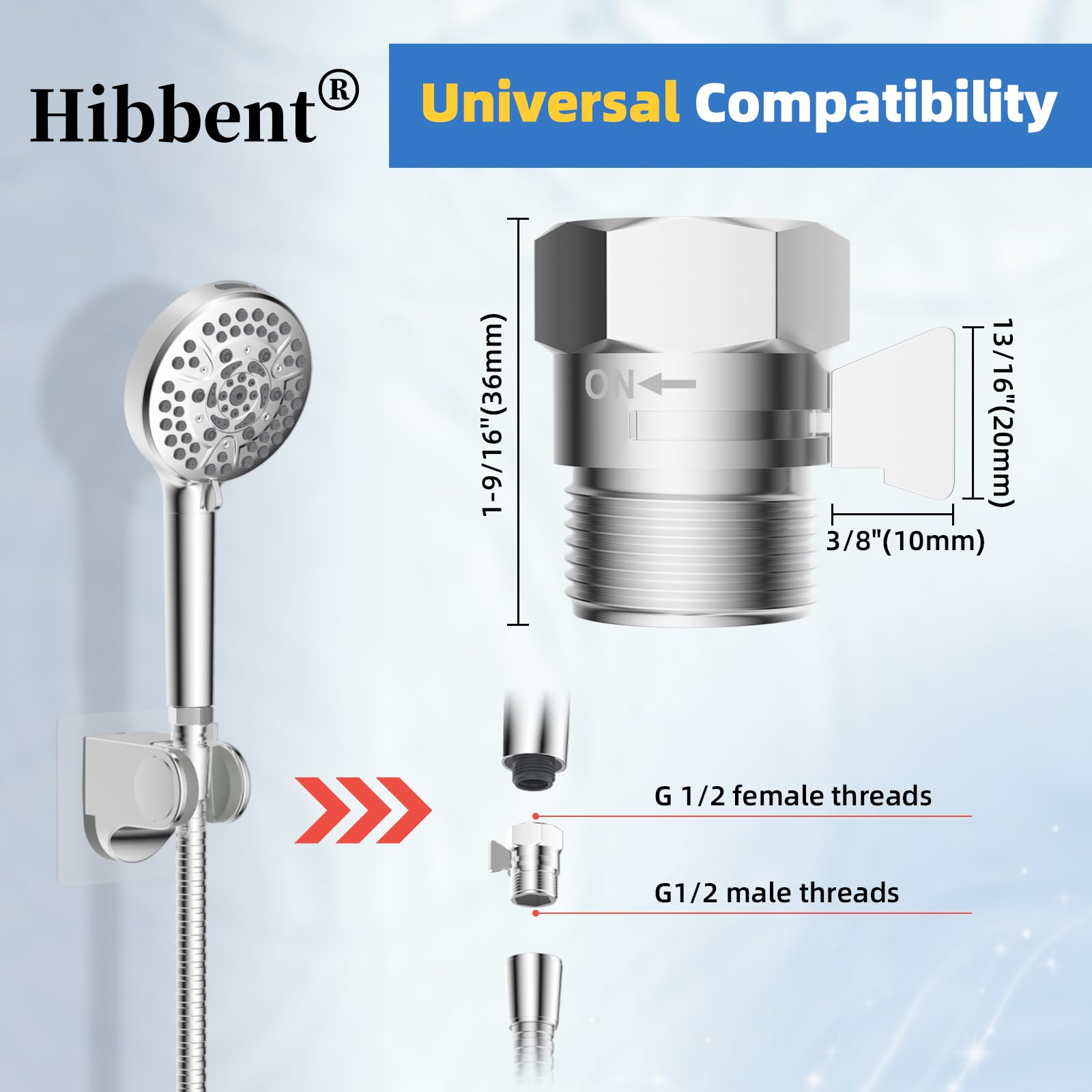 Installation view from shower arm to hose with Hibbent valve