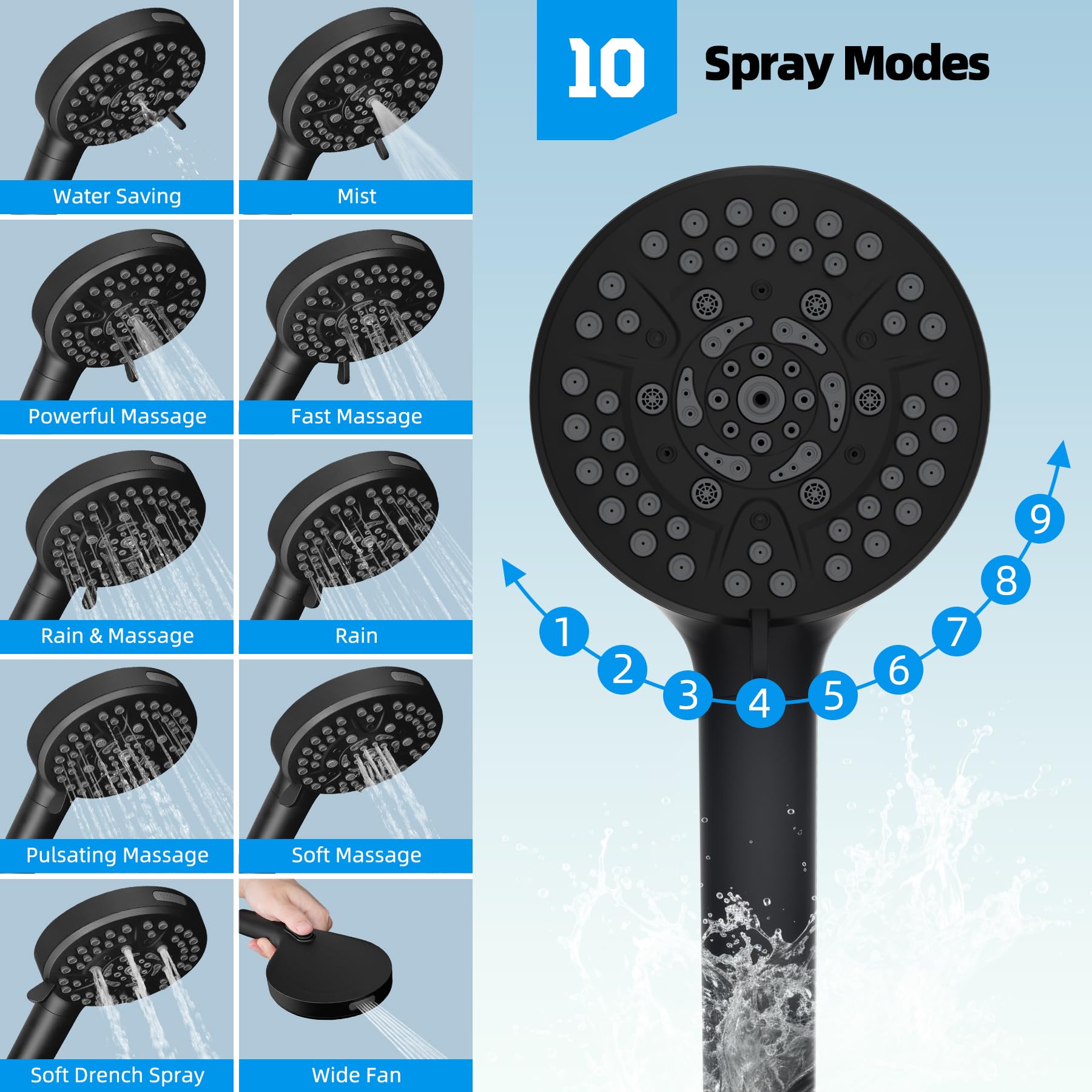 Hibbent shower head holder secures rainfall head for hands-free use.