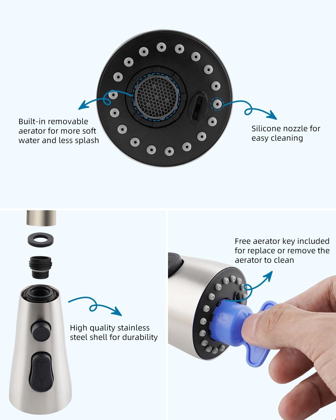 Hibbent silicone nozzles and aerator provide easy cleaning and a steady non-splashing stream.