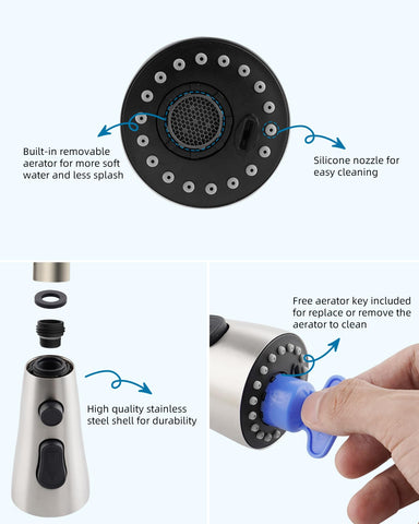 Hibbent silicone nozzles and aerator provide easy cleaning and a steady non-splashing stream.