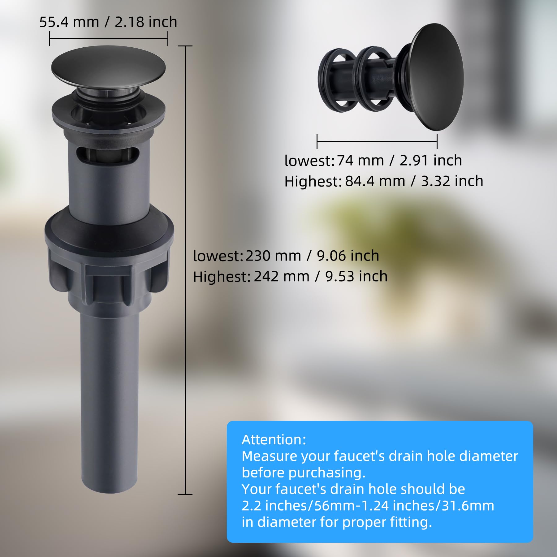 Hibbent fits sink drain holes 1-5/8 to 1-3/4 inches