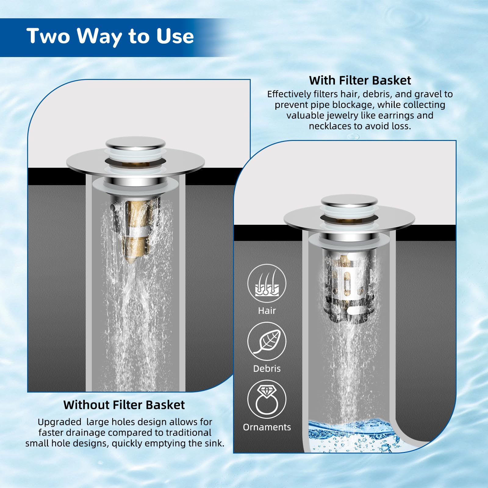 Hibbent stainless steel filter basket catches hair and debris during daily use.