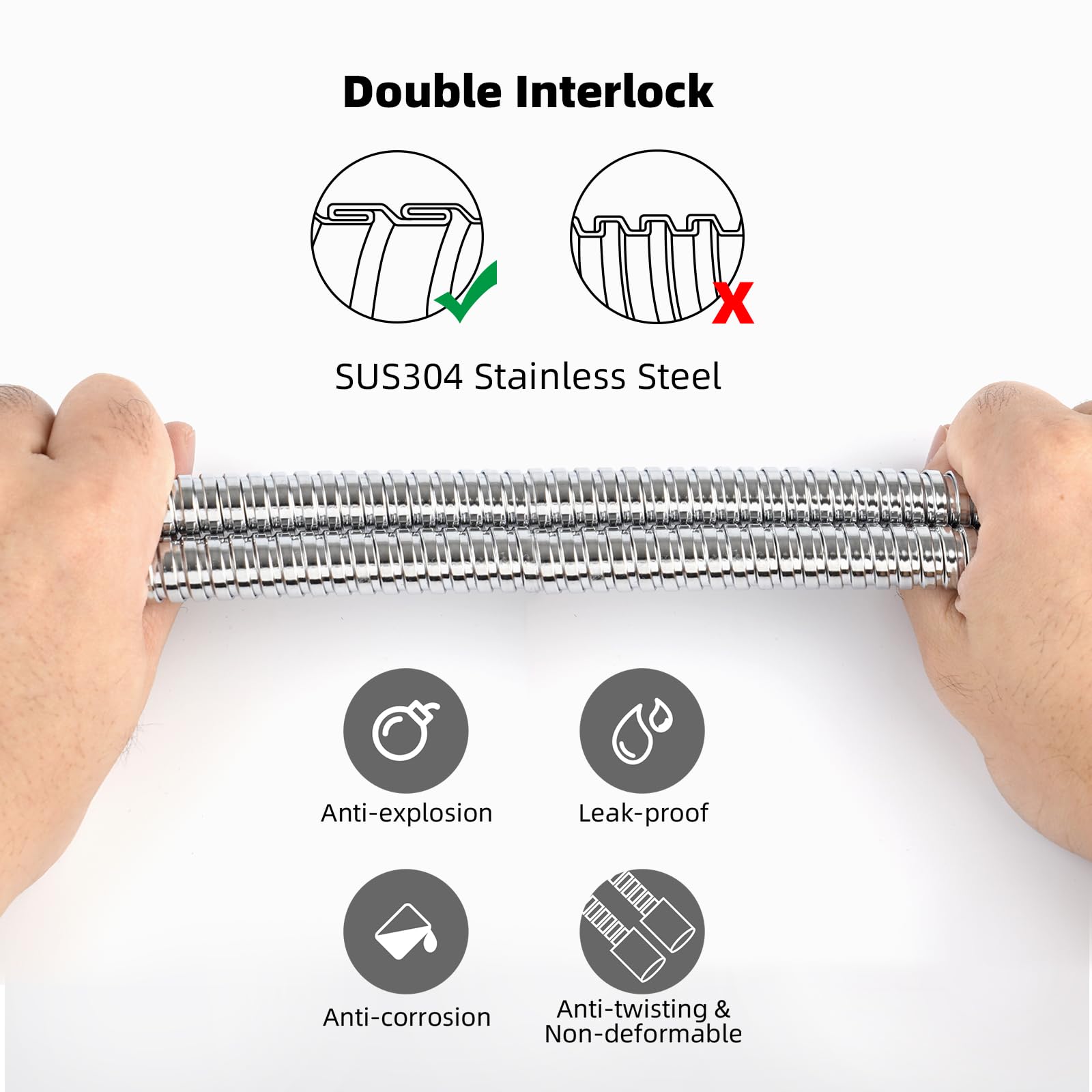 Hibbent stainless steel shower hose with chrome finish resists corrosion.