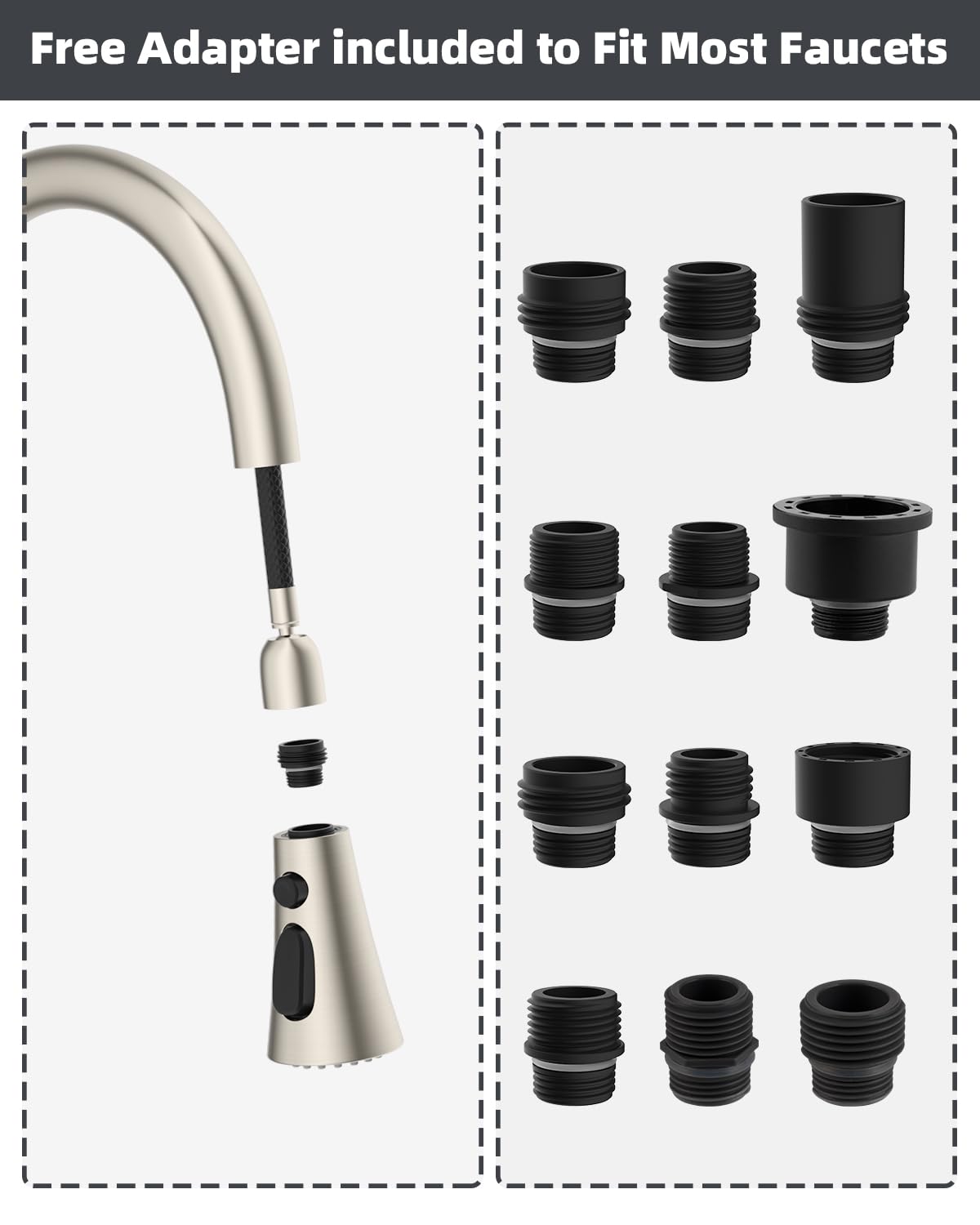 Hibbent twelve-adapter pack provides broad compatibility across major faucet brands.