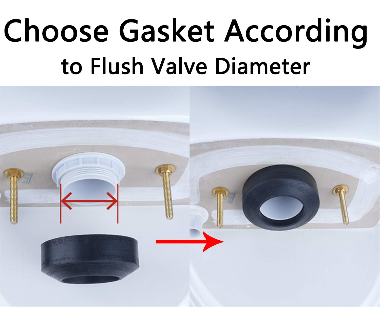 Two-size gaskets (2in and 2.5in) fit common flush valve openings.