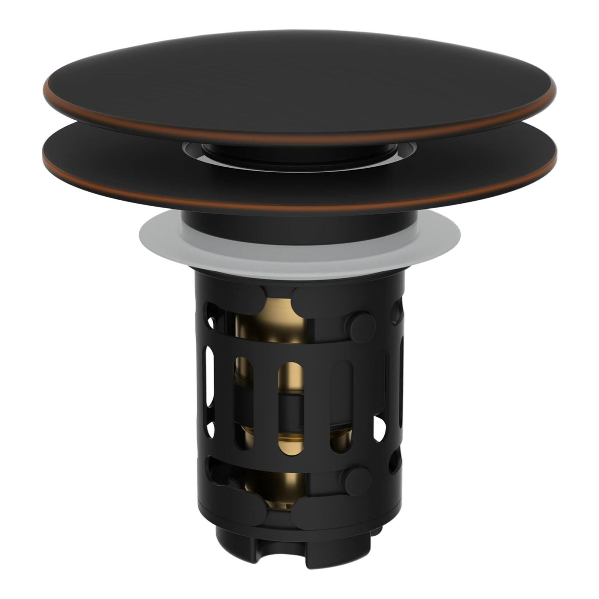Hibbent 3-in-1 drain strainer in oil-rubbed bronze for clutter-free sinks.