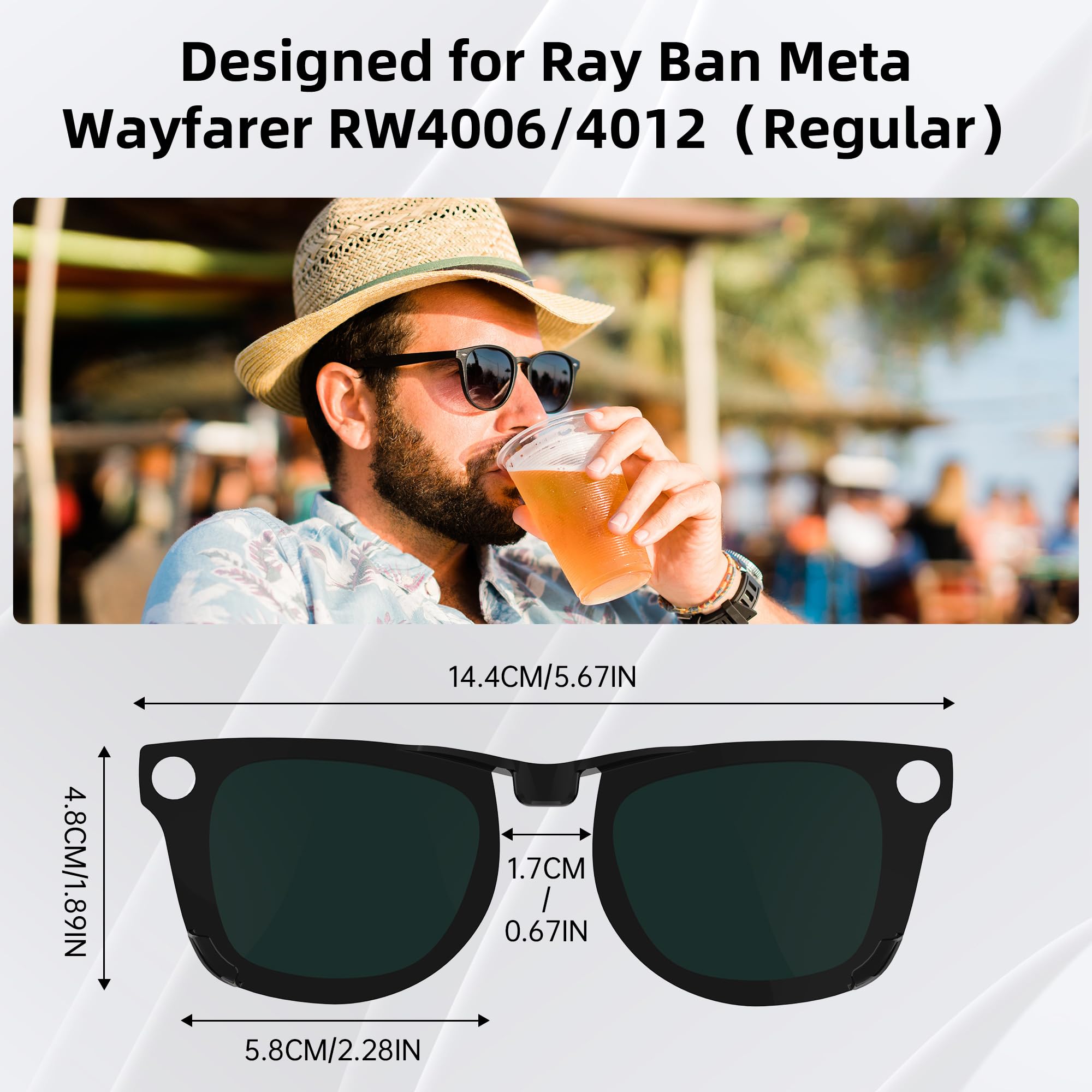 HiBloks Ray-Ban Meta Wayfarer silver clip close-up shows durable polarized lenses.