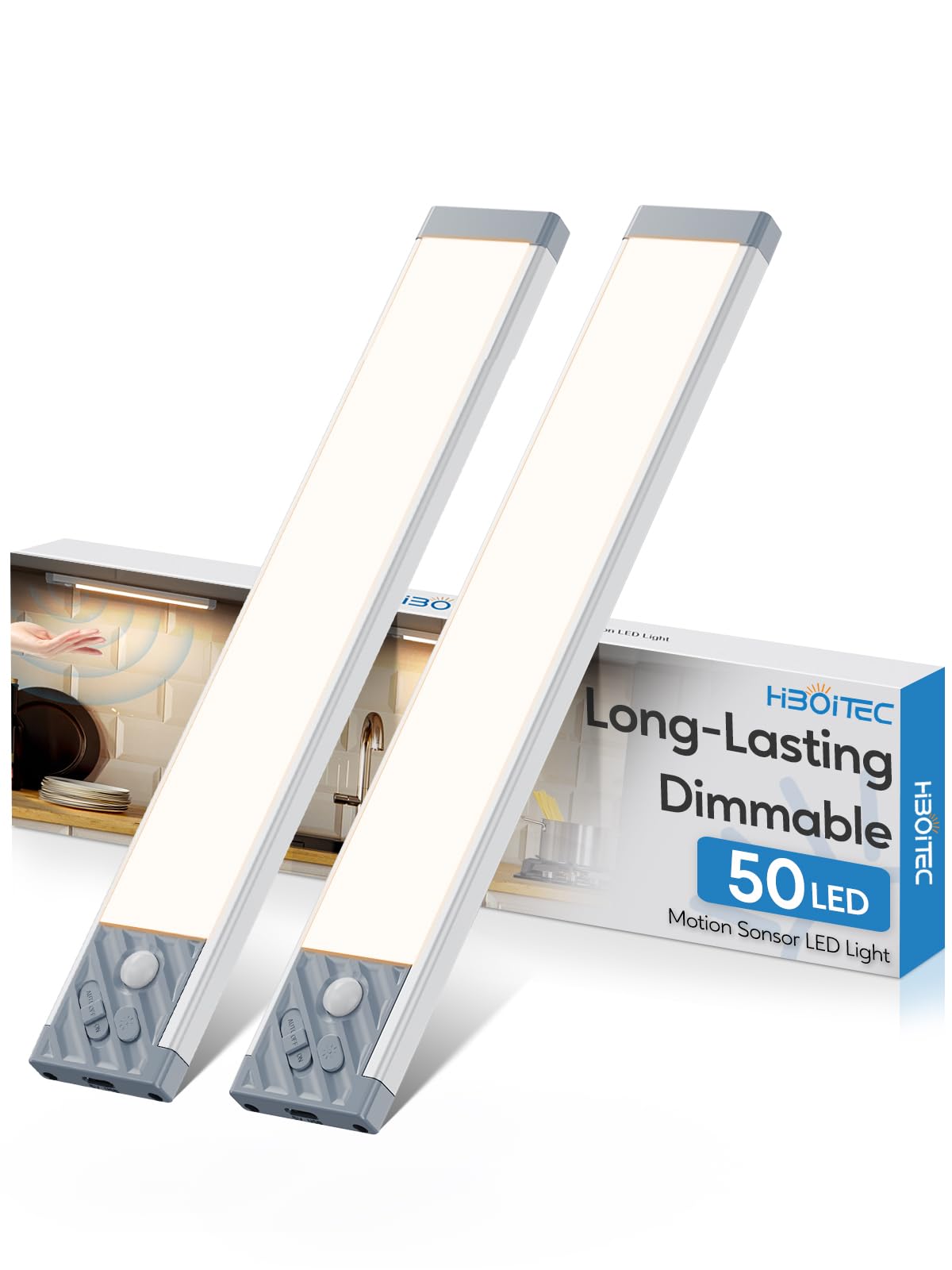 HIBOITEC under-cabinet light with 50 LEDs provides bright, even kitchen illumination.
