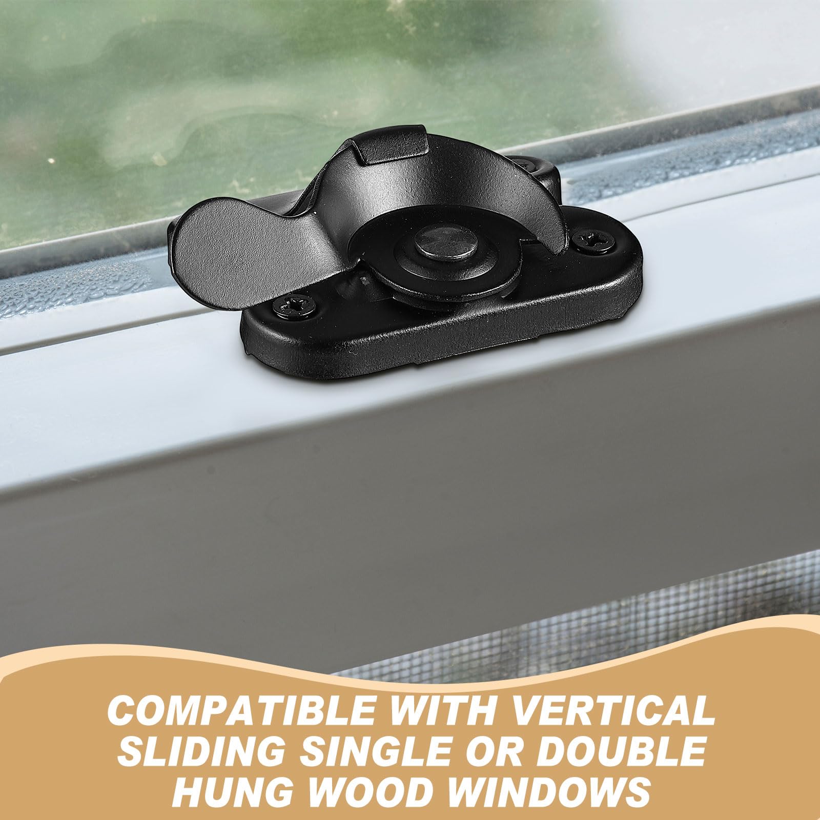 Detailed view of the matte black sash lock for smooth operation.