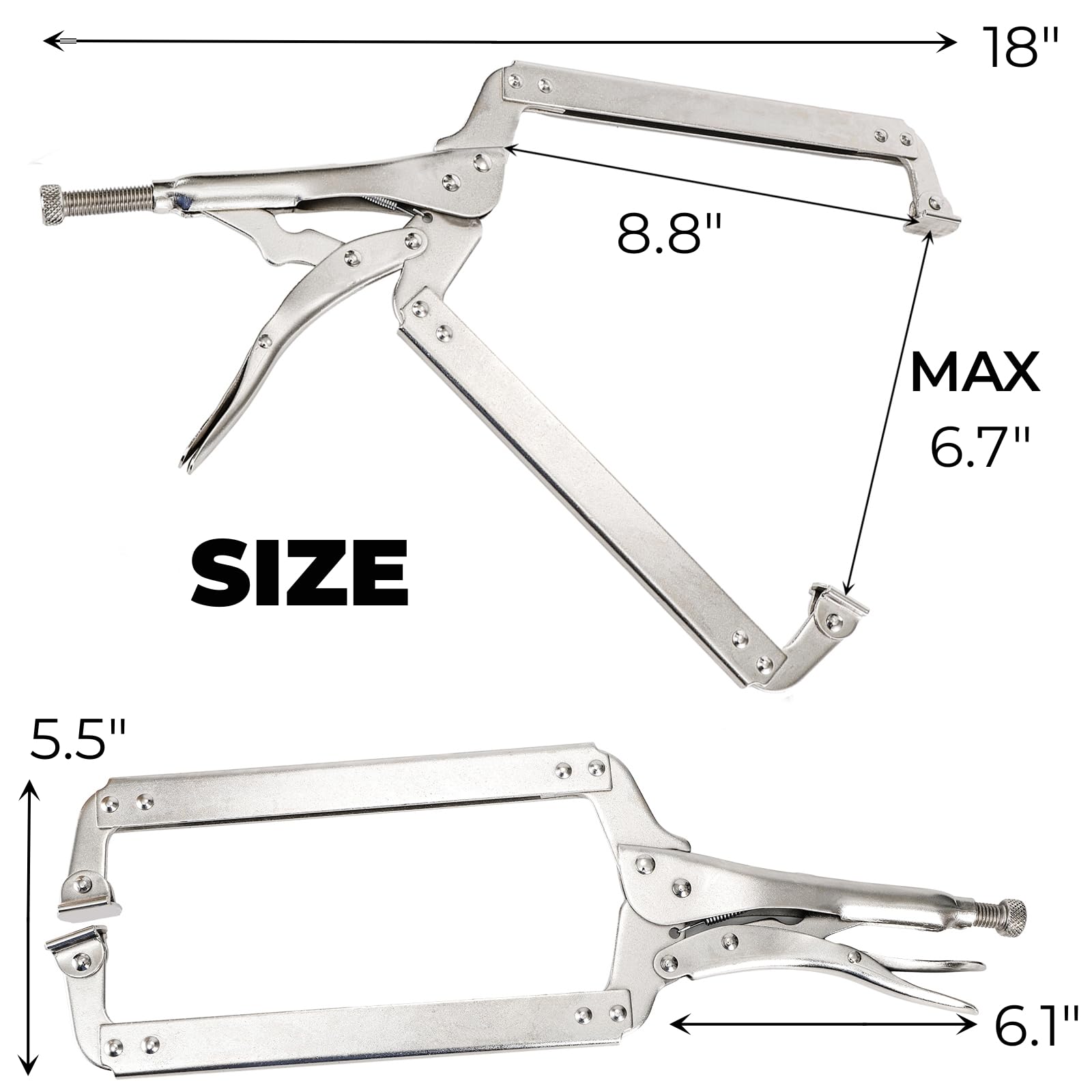 Hiceeden clamp shows max opening of 6.7 inches for larger workpieces