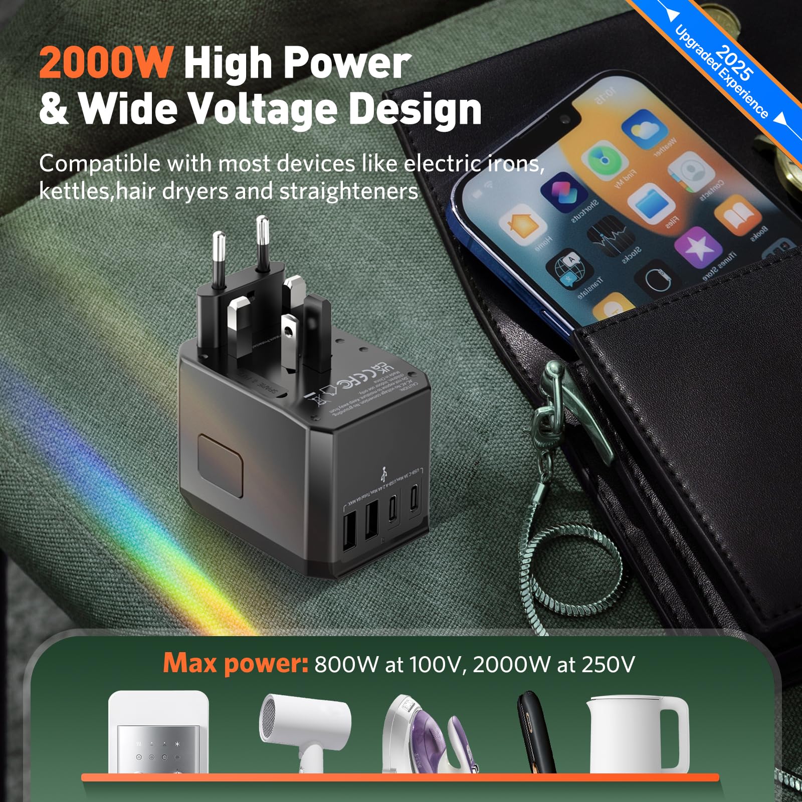 HICHOR universal travel adapter in-bag use for on-the-go power.