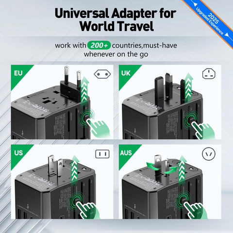 HICHOR universal travel adapter port panel offering USB-C and USB-A ports for multi-device charging.